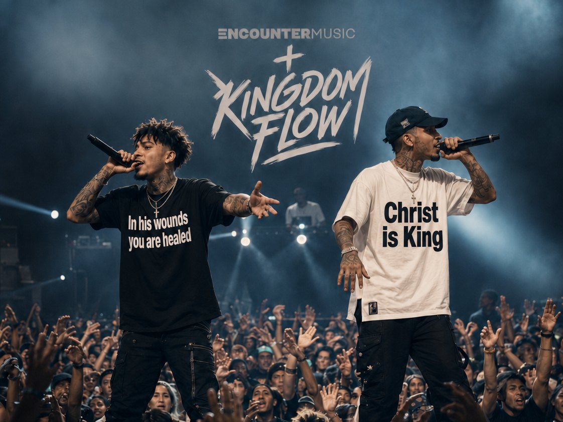 ENCOUNTERMUSIC Kingdom Flow: zwei Musiker auf der Bühne vor einer Menge mit erhobenen Händen